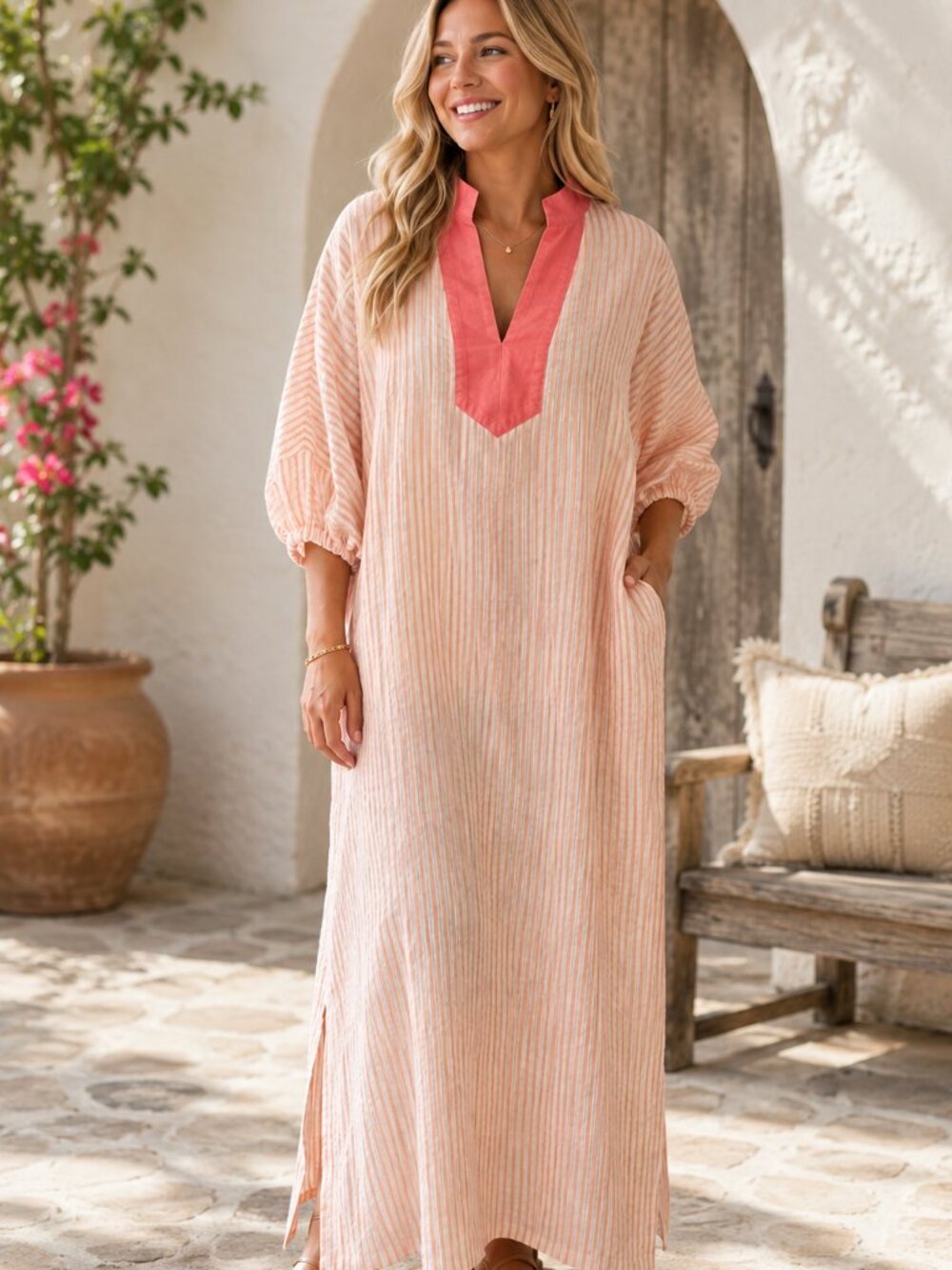 NWT Entro Peach Striped Maxi Caftan Dress Size Large Relaxed